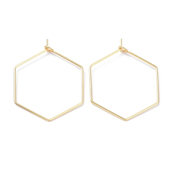 316 Stainless Steel Hoop Earring Findings, Wine Glass Charms Findings, Hexagon, Real 18K Gold Plated, 32x25x0.6mm, Hole: 2mm
