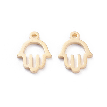 304 Stainless Steel Charms, Laser Cut, Hamsa Hand/Hand of Miriam, Real 18K Gold Plated, 12x9x1mm, Hole: 1.2mm