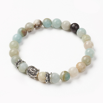 Natural Amazonite Stretch Bracelets, Beaded Stretch Bracelets, with Tibetan Style Beads, Buddha Head, Antique Silver, 2-1/4 inch(56mm)
