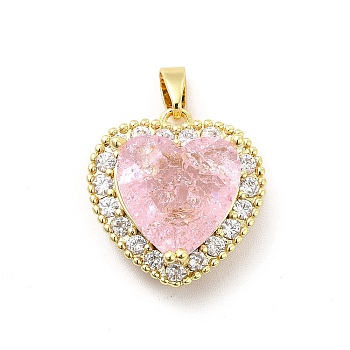 Brass Micro Pave Clear Cubic Zirconia Pendants, with Faceted Glass, Heart Charm, Real 18K Gold Plated, Pink, 18.5x17x9.5mm, Hole: 5x3mm