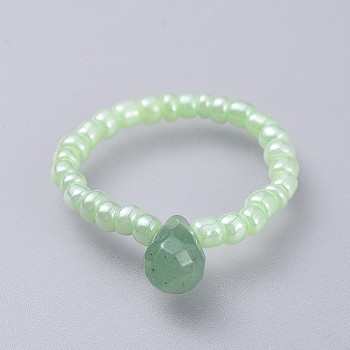 Natural Green Aventurine Stretch Finger Rings, with Glass Seed Beads, Teardrop, Size 8, 18mm