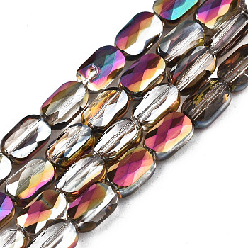Electroplate Transparent Glass Beads Strands, Half Plated, Faceted, Rectangle, Coffee, 7x4x3mm, Hole: 1mm, about 79~80pcs/strand, 20.47 inch(52cm)