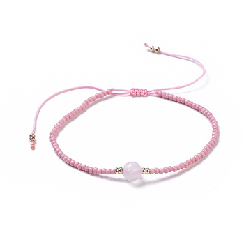 Nylon Thread Braided Beads Bracelets, with Seed Beads and Natural Rose Quartz, 1-3/4 inch~3-1/8 inch(4.5~8cm)
