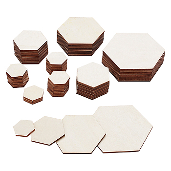 70Pcs 4 Style Unfinished Wood Slices, Laser Cut Wood Shapes, for DIY Painting Ornament, Pyrography Craft, Hexagon, Blanched Almond, 2.55~7.8x2.95~8.9x0.25cm