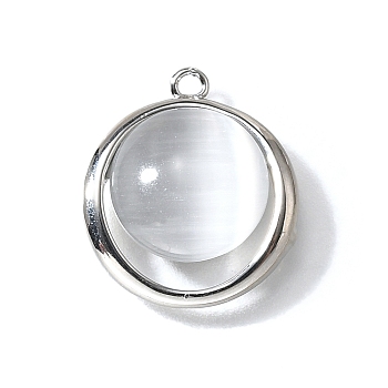 Brass Pendants, Flat Round, with Cat Eye, Platinum, 15.5x13.5x4mm, Hole: 1mm