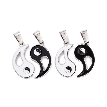304 Stainless Steel Pendants, with Enamel, Tai Ji, Stainless Steel Color, 27x15x2mm, Hole: 9mm, 2pcs/set