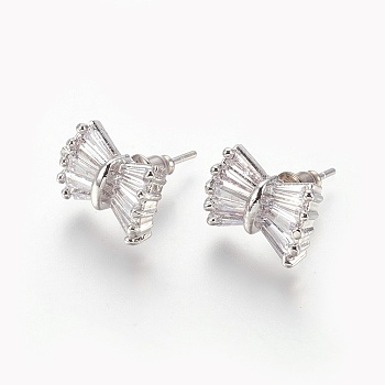 Cubic Zirconia Stud Earrings, with Brass Findings, Bowknot, Clear, Platinum, 10.5x13.5x3.5mm, Pin: 0.8mm
