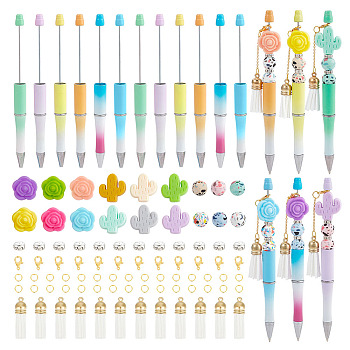 DIY Beadable Pen Making Kit, Including Rose & Cactus Silicone & Rhinestone Rondelle Spacer Beads, ABS Plastic Ball-Point Pen, Tassel Pendant Decorations, Mixed Color, 114Pcs/box