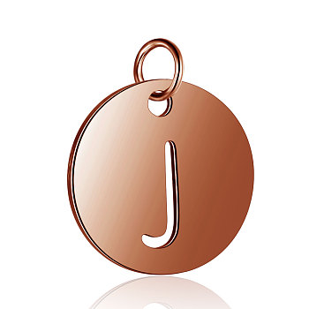 304 Stainless Steel Charms, Flat Round with Letter, Rose Gold, Letter.J, 12x1mm, Hole: 2.5mm