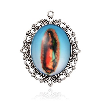 Antique Silver Plated Alloy Glass Human Photo Pendants, Oval Big Pendants, Colorful, 61x48x9mm, Hole: 3mm