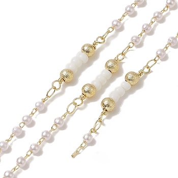 Rack Plating Brass Beaded Link Chains, with Plastic Pearl Beaded, Unwelded, with Card Paper, Golden, 21.5~23.5x4mm