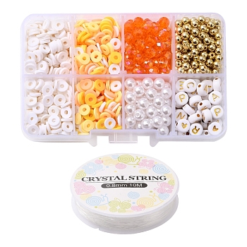 DIY Letter & Imitation Pearl & Heishi Beads Bracelet Making Kit, Including Disc Polymer Clay & Electroplate Glass & ABS Plastic Imitation Pearl & Plating Acrylic Beads, Elastic Thread, Orange, Beads: 1132pcs/set