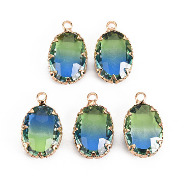Gradient Color Glass Pendants, with Brass Prong Settings, Faceted, Oval, Light Gold, Medium Aquamarine, 19x11x5.5mm, Hole: 1.6mm