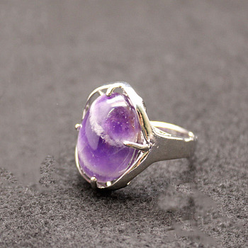 Oval Natural Amethyst Adjustable Ring, Platinum Alloy Jewelry for Women, Inner Diameter: 18mm
