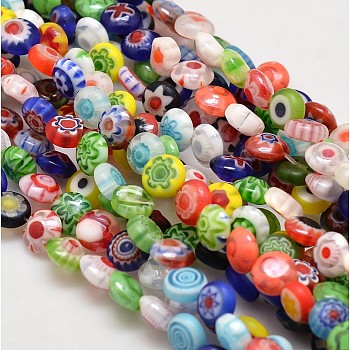 Handmade Millefiori Glass Flat Round Bead Strands, Single Flower Design, Colorful, 6x2.5mm, Hole: 1mm, about 64~68pcs/strand, 14.5~15 inch