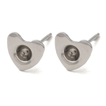 Heart 201 Stainless Steel Stud Earring Findings, Earring Settings with 304 Stainless Steel Pins, Stainless Steel Color, 7.8x8mm, Pin: 11X0.7mm, Tray: 2.7mm