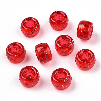 Transparent Plastic Beads, with Glitter Powder, Barrel, FireBrick, 9x6mm, Hole: 3.8mm, about 1900pcs/500g