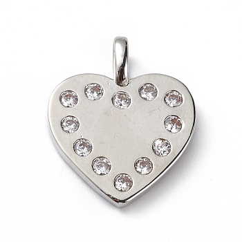 Rack Plating Brass Micro Pave Cubic Zirconia Pendants, Heart Charm, Cadmium Free & Lead Free, Long-Lasting Plated, Platinum, Clear, 19x16x2mm, Hole: 3x1mm