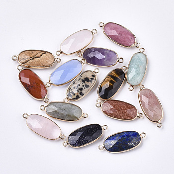 Natural Gemstone Links Connectors, with Light Gold Plated Edge Brass Loops, Oval, Faceted, 27x11x5.5mm, Hole: 2mm