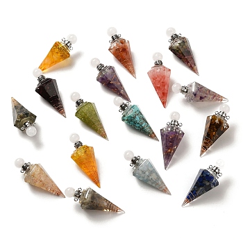 Natural & Synthetic Mixed Gemstone Perfume Bottle Pendants, Resin Faceted Cone Charms with Platinum Plated Brass Screw Cap, Mixed Dyed and Undyed, 46.5~48x19~20x17~18mm, Hole: 1.8mm
