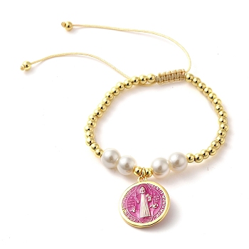 Adjustable Flat Round with Holy Virgin Charms Bracelet, Brass and Resin Braided Beads Bracelets, Real 18K Gold Plated, Deep Pink, Inner Diameter: 1-7/8~x3-1/2 inch(4.7~8.9cm)