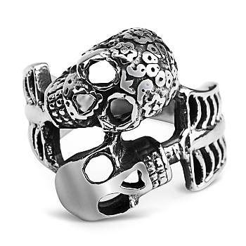 Steam Punk Style 316L Surgical Stainless Steel Skull Finger Rings, Double Skeleton Rings for Men, Stainless Steel Color, US Size 12(21.4mm)