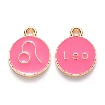 Alloy Enamel Pendants, Cadmium Free & Lead Free, Flat Round with Constellation, Light Gold, Cerise, Leo, 22x18x2mm, Hole: 1.5mm