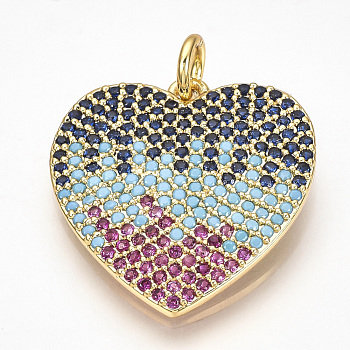 Brass Micro Pave Cubic Zirconia Pendants, with Jump Rings, Heart, Colorful, Golden, 22.5x21.5x2mm, Hole: 3mm