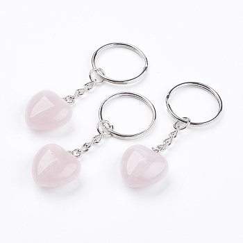 Natural Rose Quartz Keychain, with Platinum Iron Findings, Heart, 72mm