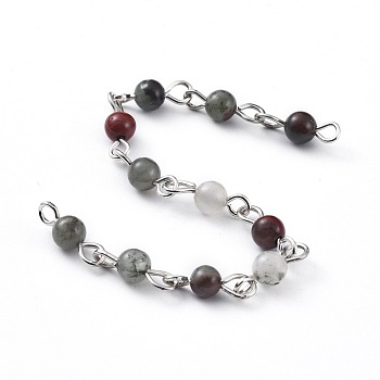 Handmade Natural African Bloodstone Beaded Chains, Unwelded, with Iron Eye Pin, Platinum, 12x4mm, 39.37 inch(1m)/strand