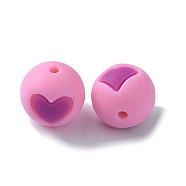 Food Grade Eco-Friendly Silicone Beads, Chewing Beads For Teethers, DIY Nursing Necklaces Making, Round with Heart, Pearl Pink, 14.5~15mm, Hole: 2mm(SIL-TAC0007-02D)