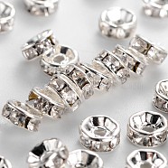 Brass Rhinestone Spacer Beads, Grade B, Clear,  Silver Color Plated, Size: about 5mm in diameter, 2.5mm thick, hole: 1mm(RSB035-B01)