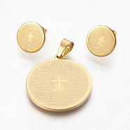 304 Stainless Steel Pendants and Ear Studs Jewelry Sets, Flat Round with Word, Golden, 33x30x2mm, Hole: 5x7mm, 15x1.5mm, Pin: 0.7mm(SJEW-F185-02G)