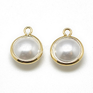 ABS Plastic Imitation Pearl Charms, with Brass Findings, Flat Round, Real 18K Gold Plated, 13x10x5mm, Hole: 1mm(KK-T032-066G)