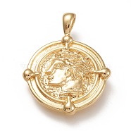 Brass Pendants, Flat Round with Human, Real 18K Gold Plated, 31.5x24.5x3mm, Hole: 3x5mm(KK-L203-004G)