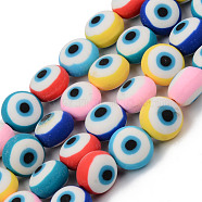 Handmade Polymer Clay Beads Strands, for DIY Jewelry Crafts Supplies, Flat Round with Evil Eye, Deep Sky Blue, 12x8~9mm, Hole: 1.8mm, about 31~32pcs/strand, 14.57 inch(37cm)(X-CLAY-N008-001)