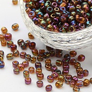 6/0 Transparent Rainbow Colours Round Glass Seed Beads, Dark Goldenrod, Size: about 4mm in diameter, hole:1.5mm, about 495pcs/50g(X-SEED-A007-4mm-162C)