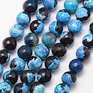 Natural Fire Crackle Agate Bead Strands, Round, Grade A, Faceted, Dyed & Heated, Deep Sky Blue, 10mm, Hole: 1mm, about 37pcs/strand, 15 inch(G-K166-06F-10mm-11)