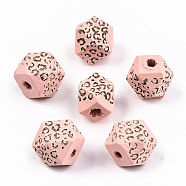 Painted Natural Wood Beads, Laser Engraved Pattern, Faceted, Polygon with Leopard Print, Pink, 10x10x10mm, Hole: 2mm(WOOD-T021-51A-11)