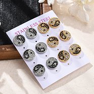 304 Stainless Steel Rhinestone Stud Earrings, PVD Vacuum Plating, Flat Round with Yin-yang, Golden & Stainless Steel Color, 13mm, 6pair/set(EJEW-C099-20GP)