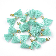 Polycotton(Polyester Cotton) Tassel Pendant Decorations, Mini Tassel, with Iron Findings and Metallic Cord, Light Gold, Turquoise, 10~15x2~3mm, Hole: 1.5mm(X-FIND-S281-12)