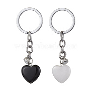 Natural Black Stone & Natural White Jade Heart Keychains, Alloy Magnetic Heart Clasp Couple Keychain, 7.8cm, 2pcs/set(KEYC-JKC00548)