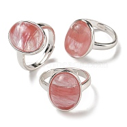 Cherry Quartz Glass Oval Adjustable Rings, Lead Free & Cadmium Free, Silver Plated Brass Finger Rings for Women Men, Oval: 18x14mm, Inner Diameter: 18mm(RJEW-K371-07S-22)