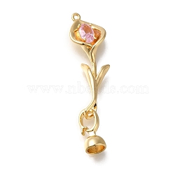 Brass Fold Over Clasp, Micro Pave Pink Cubic Zirconia, Flower, Real 18K Gold Plated, 51mm(KK-H480-23G)