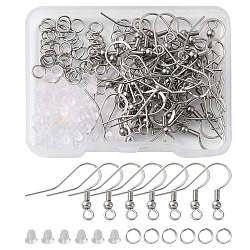 50Pcs 304 Stainless Steel French Hooks with Coil and Ball, Ear Wire, with 50Pcs Jump Rings and 50Pcs Plastic Ear Nuts, Stainless Steel Color, 18~20x21mm, Hole: 2.5mm, 21 Gauge, Pin: 0.7mm(STAS-YW0001-54)