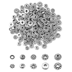 200Pcs 10 Styles Tibetan Style Alloy Spacer Beads, Disc & Flower, Antique Silver, 4~7x1~3mm, Hole: 2mm, 20pcs/style(ENAM-CJ0005-28)