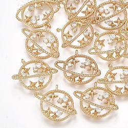 Brass Cubic Zirconia Universe Space Charms, Planet, Clear, Real 18K Gold Plated, 14x16x4.5mm, Hole: 1mm(KK-S348-260)
