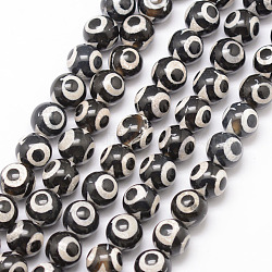 Tibetan Style 3-Eye dZi Beads, Natural Agate Bead Strands, Round, Dyed & Heated, Black, 10mm, Hole: 1mm, about 18pcs/strand, 7.5 inch(G-K166-01-10mm-L2-01)