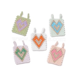 Handmade MIYUKI Japanese Seed Loom Pattern Seed Beads, Rectangle with Heart Pendants, Mixed Color, 29x18.5x1.7mm, Hole: 2mm(PALLOY-MZ00113)