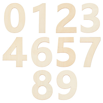Unfinished Wood Cutouts, Number 0~9, Light Yellow, 15.3x6~11.8x0.15cm, 10pcs/set